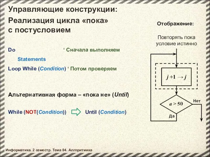 Управляющие конструкции: Информатика. 2 семестр. Тема 04. Алгоритмика Повторять пока условие