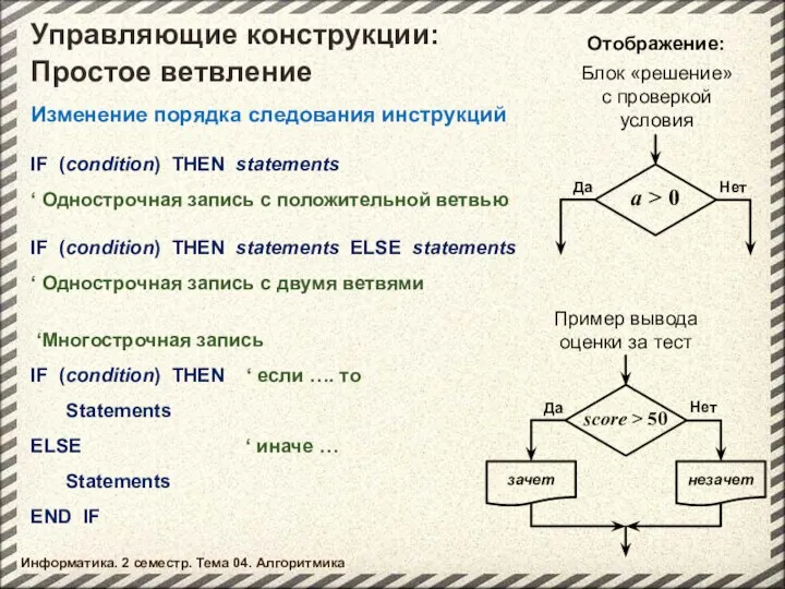 Управляющие конструкции: IF (condition) THEN statements ‘ Однострочная запись с положительной