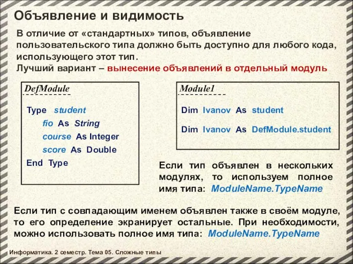 Объявление и видимость Информатика. 2 семестр. Тема 05. Сложные типы В