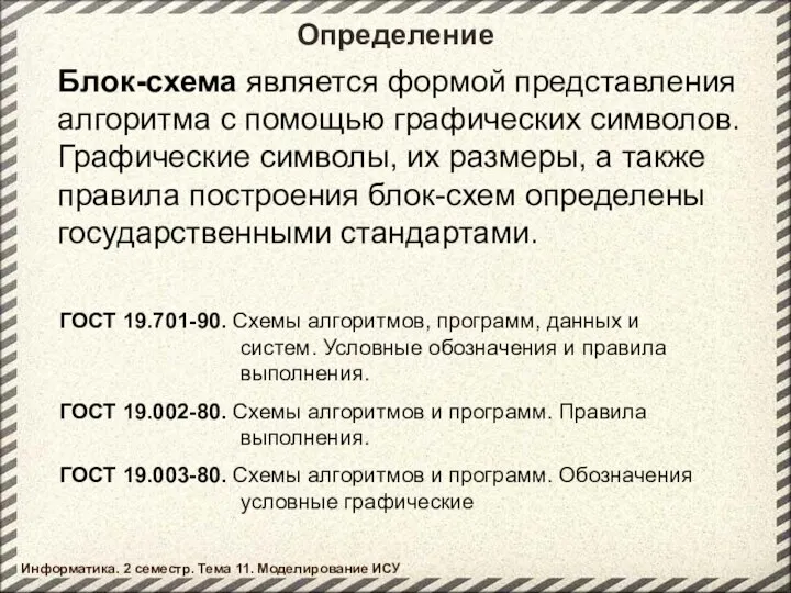 Определение Блок-схема является формой представления алгоритма с помощью графических символов. Графические