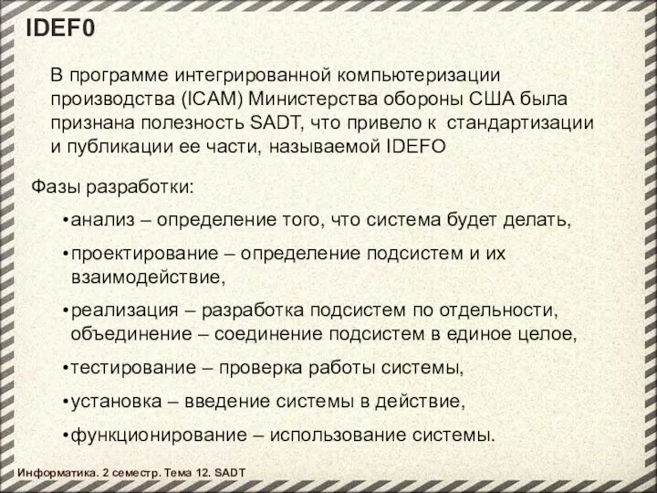 IDEF0 В программе интегрированной компьютеризации производства (ICAM) Министерства обороны США была