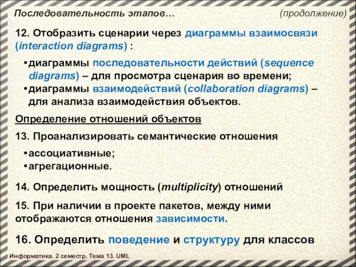 Последовательность этапов… Информатика. 2 семестр. Тема 13. UML (продолжение) 12. Отобразить