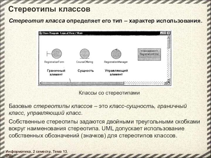 Стереотипы классов Информатика. 2 семестр. Тема 13. UML Классы со стереотипами