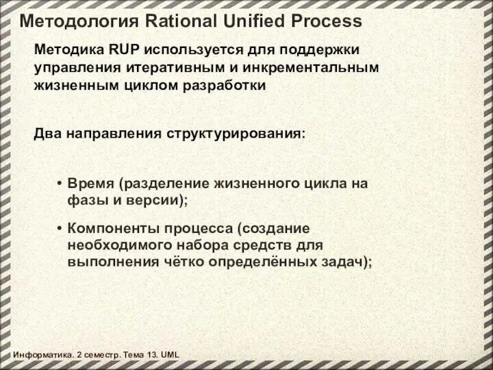 Методология Rational Unified Process Методика RUP используется для поддержки управления итеративным