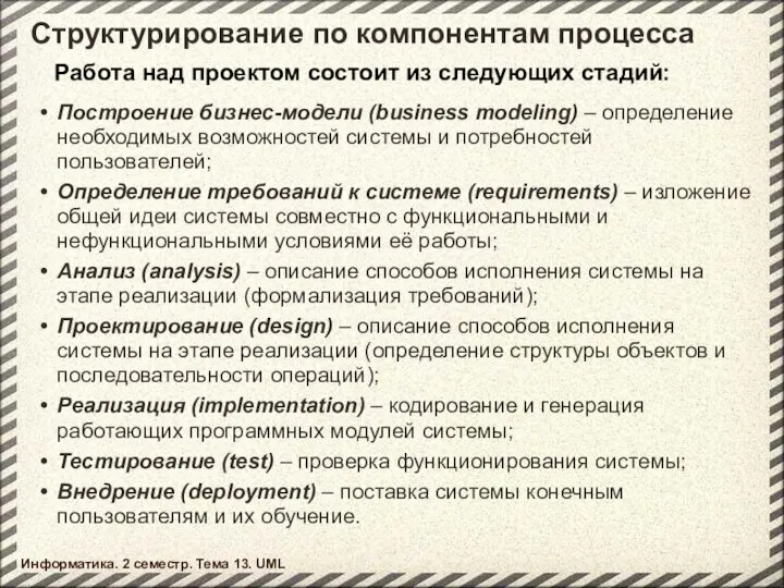 Структурирование по компонентам процесса Построение бизнес-модели (business modeling) – определение необходимых