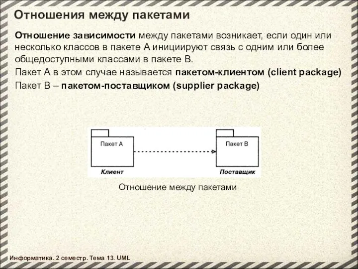 Отношения между пакетами Информатика. 2 семестр. Тема 13. UML Отношение между