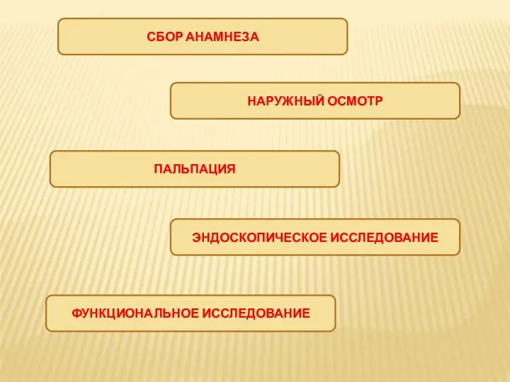 СБОР АНАМНЕЗА НАРУЖНЫЙ ОСМОТР ФУНКЦИОНАЛЬНОЕ ИССЛЕДОВАНИЕ ПАЛЬПАЦИЯ ЭНДОСКОПИЧЕСКОЕ ИССЛЕДОВАНИЕ