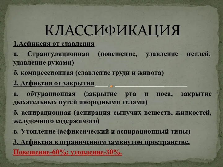 1.Асфиксия от сдавления а. Странгуляционная (повешение, удавление петлей, удавление руками) б.