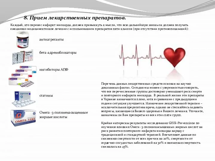 8. Прием лекарственных препаратов. Каждый, кто перенес инфаркт миокарда, должен привыкнуть