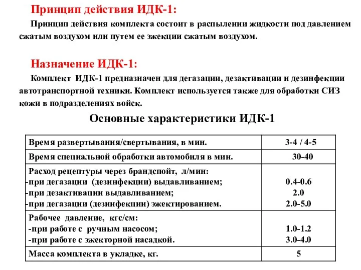 Принцип действия ИДК-1: Принцип действия комплекта состоит в распылении жидкости под