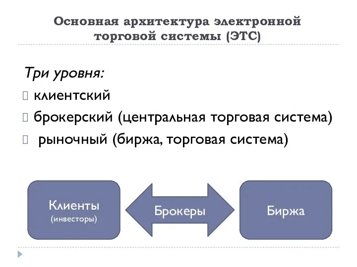 Основная архитектура электронной торговой системы (ЭТС) Три уровня: клиентский брокерский (центральная