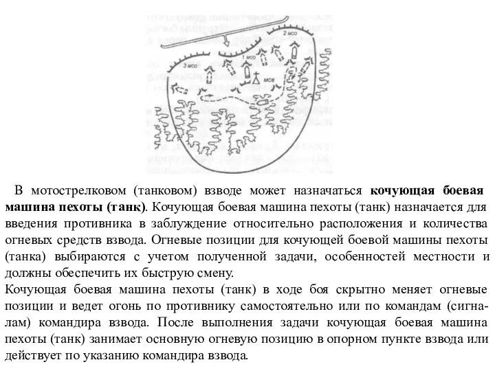 В мотострелковом (танковом) взводе может назначаться кочующая боевая машина пехоты (танк).