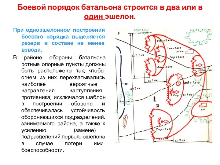 Боевой порядок батальона строится в два или в один эшелон. При