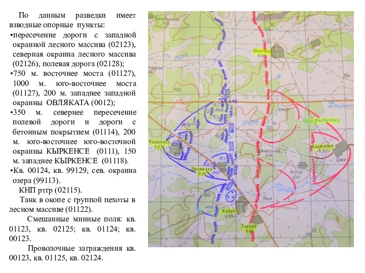 По данным разведки имеет взводные опорные пункты: пересечение дороги с западной