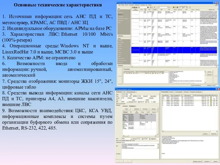 Основные технические характеристики 1. Источники информации: сеть АНС ПД и ТС,