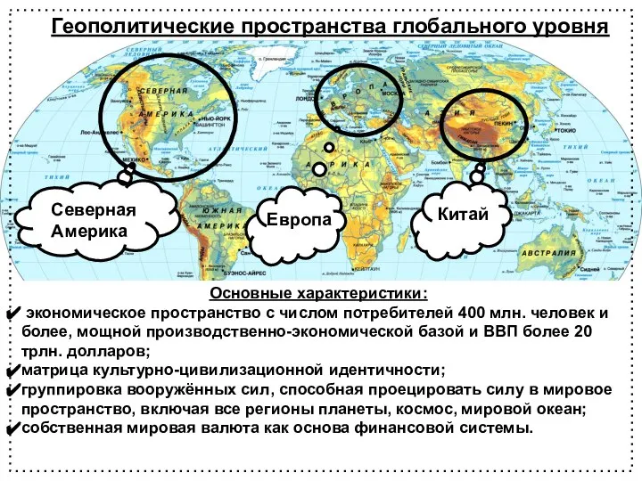 Северная Америка Европа Китай Основные характеристики: экономическое пространство с числом потребителей