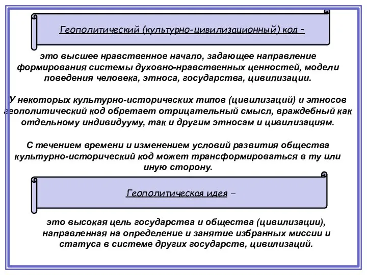 Геополитический (культурно-цивилизационный) код – это высшее нравственное начало, задающее направление формирования