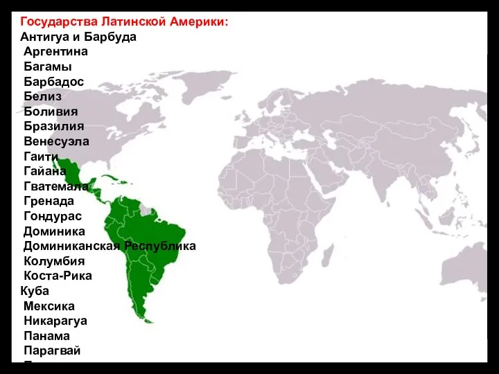 Государства Латинской Америки: Антигуа и Барбуда Аргентина Багамы Барбадос Белиз Боливия