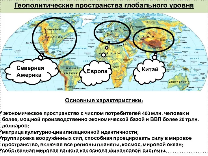 Северная Америка Европа Китай Основные характеристики: экономическое пространство с числом потребителей