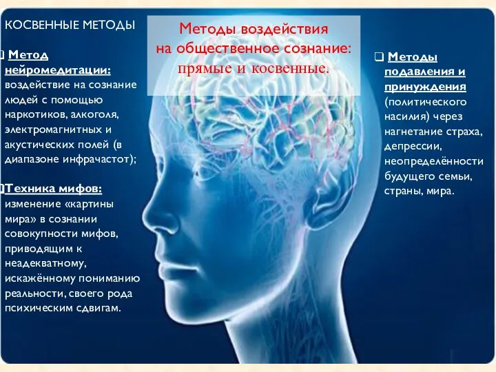 КОСВЕННЫЕ МЕТОДЫ Метод нейромедитации: воздействие на сознание людей с помощью наркотиков,