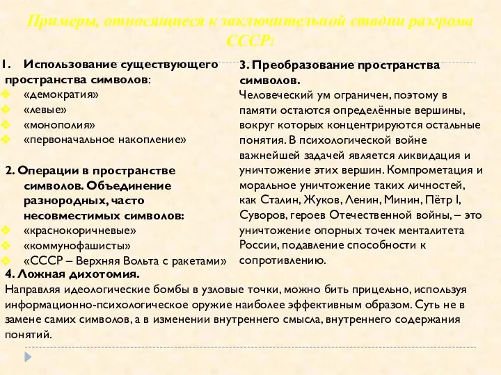 Использование существующего пространства символов: «демократия» «левые» «монополия» «первоначальное накопление» 2. Операции