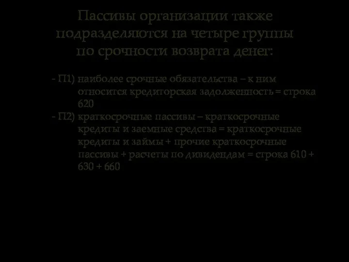 Пассивы организации также подразделяются на четыре группы по срочности возврата денег: