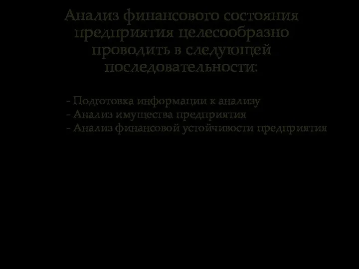 Анализ финансового состояния предприятия целесообразно проводить в следующей последовательности: - Подготовка