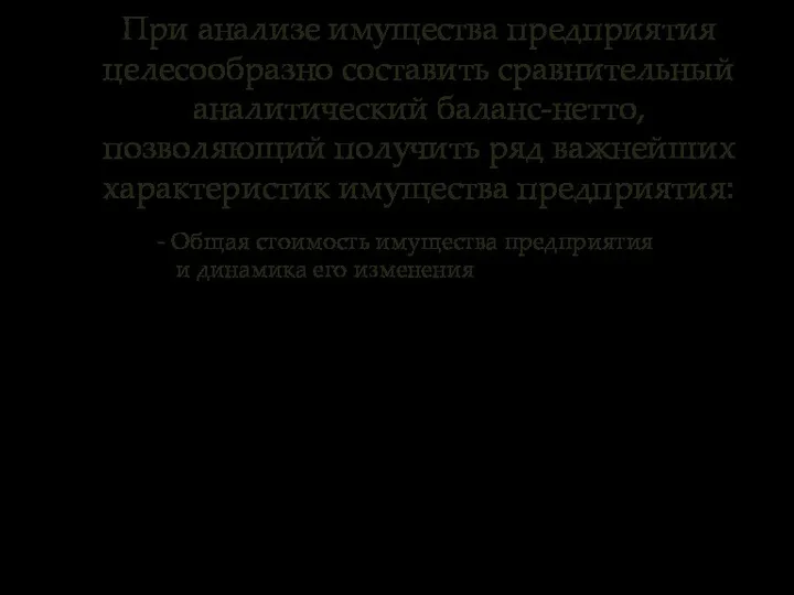 При анализе имущества предприятия целесообразно составить сравнительный аналитический баланс-нетто, позволяющий получить