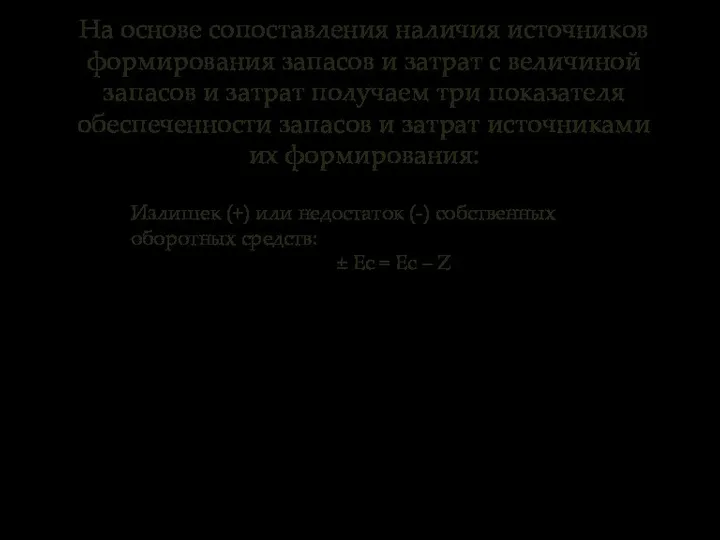 На основе сопоставления наличия источников формирования запасов и затрат с величиной