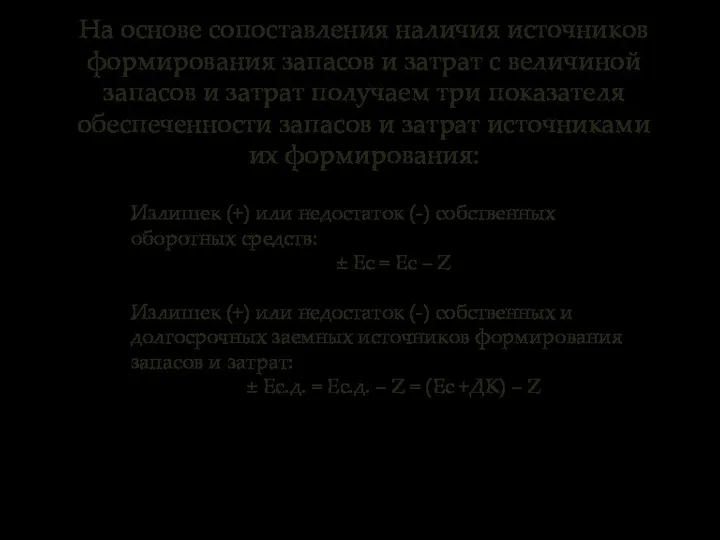 На основе сопоставления наличия источников формирования запасов и затрат с величиной