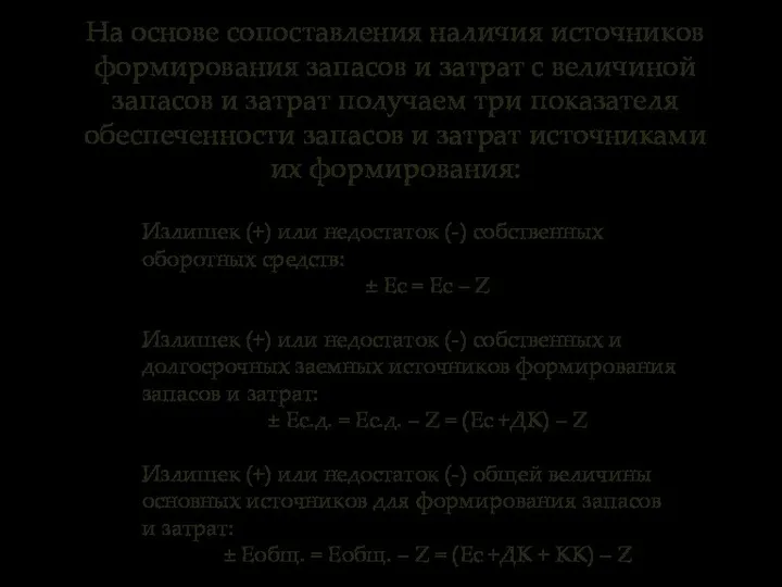 На основе сопоставления наличия источников формирования запасов и затрат с величиной