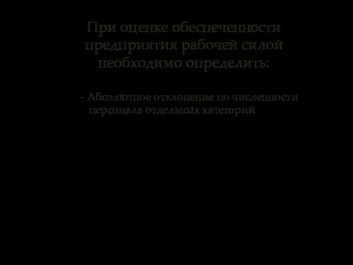 При оценке обеспеченности предприятия рабочей силой необходимо определить: - Абсолютное отклонение по численности персонала отдельных категорий