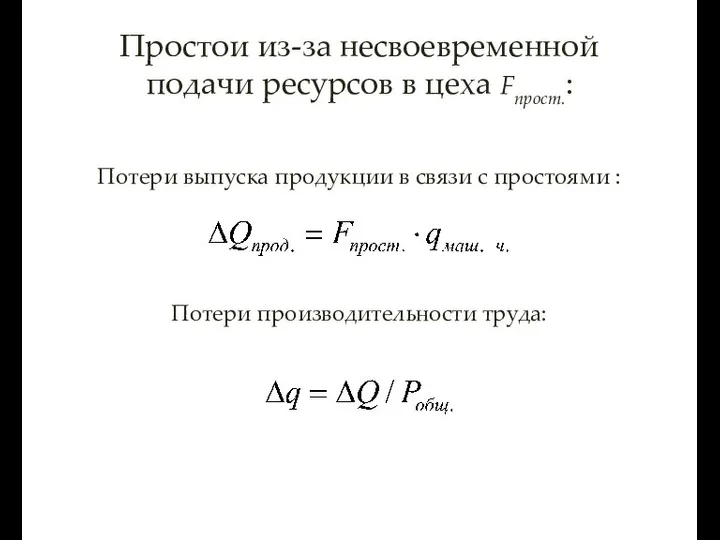 Простои из-за несвоевременной подачи ресурсов в цеха Fпрост.: Потери выпуска продукции