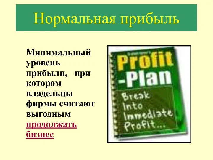 Нормальная прибыль Минимальный уровень прибыли, при котором владельцы фирмы считают выгодным продолжать бизнес