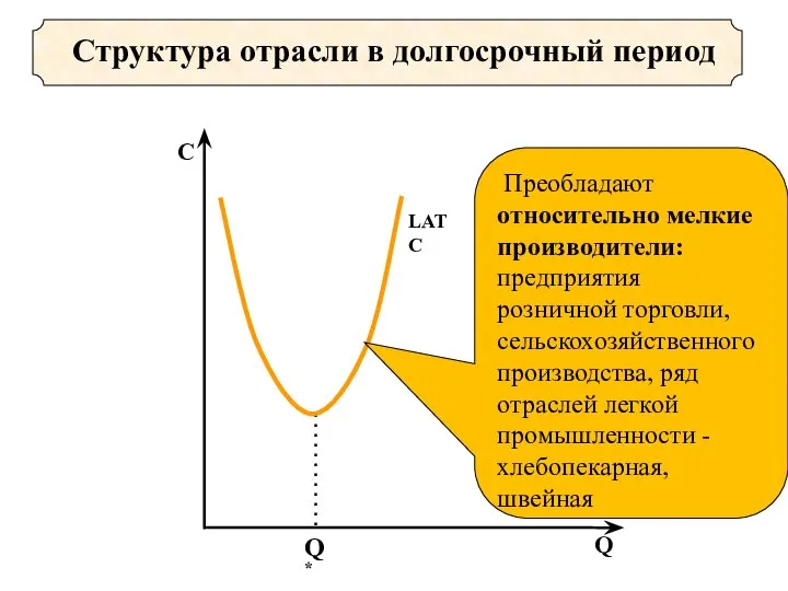 Структура отрасли в долгосрочный период Преобладают относительно мелкие производители: предприятия розничной