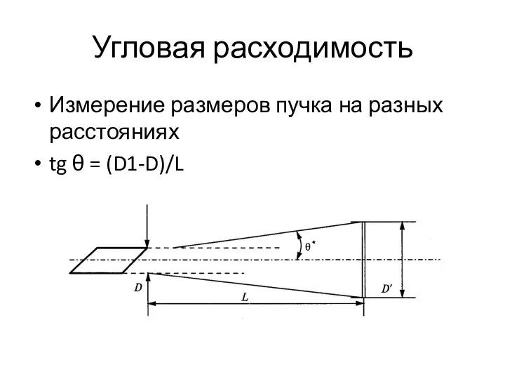 Угловая расходимость Измерение размеров пучка на разных расстояниях tg θ = (D1-D)/L