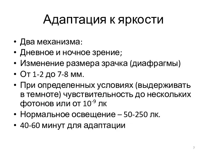 Адаптация к яркости Два механизма: Дневное и ночное зрение; Изменение размера