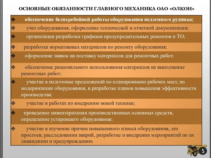 ОСНОВНЫЕ ОБЯЗАННОСТИ ГЛАВНОГО МЕХАНИКА ОАО «ОЛКОН» 5