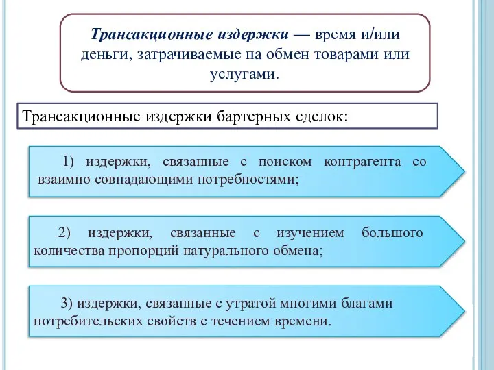 Трансакционные издержки — время и/или деньги, затрачиваемые па обмен товарами или