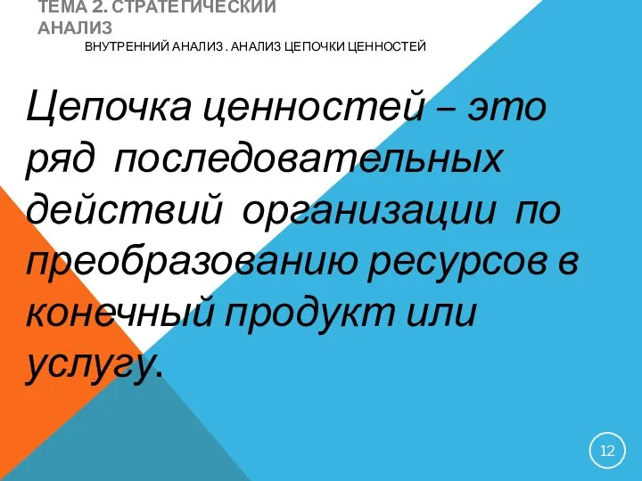 ТЕМА 2. СТРАТЕГИЧЕСКИЙ АНАЛИЗ ВНУТРЕННИЙ АНАЛИЗ . АНАЛИЗ ЦЕПОЧКИ ЦЕННОСТЕЙ Цепочка