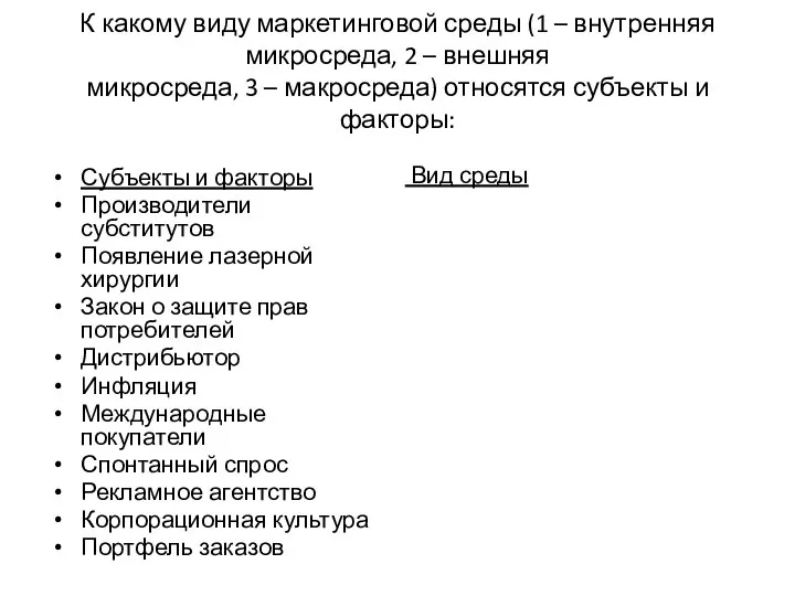 К какому виду маркетинговой среды (1 – внутренняя микросреда, 2 –