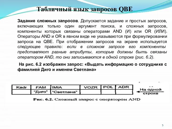 Задание сложных запросов. Допускается задание и простых запросов, включающих только один