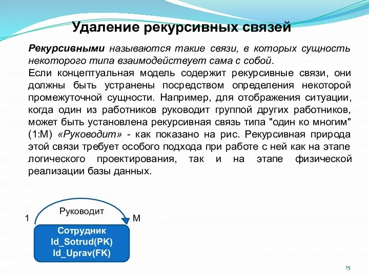 Рекурсивными называются такие связи, в которых сущность некоторого типа взаимодействует сама