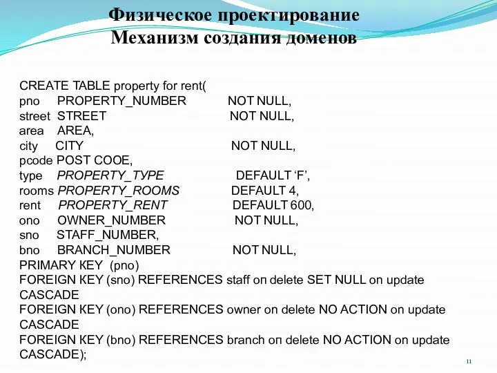 Физическое проектирование Механизм создания доменов CREATE TABLE property for rent( рnо