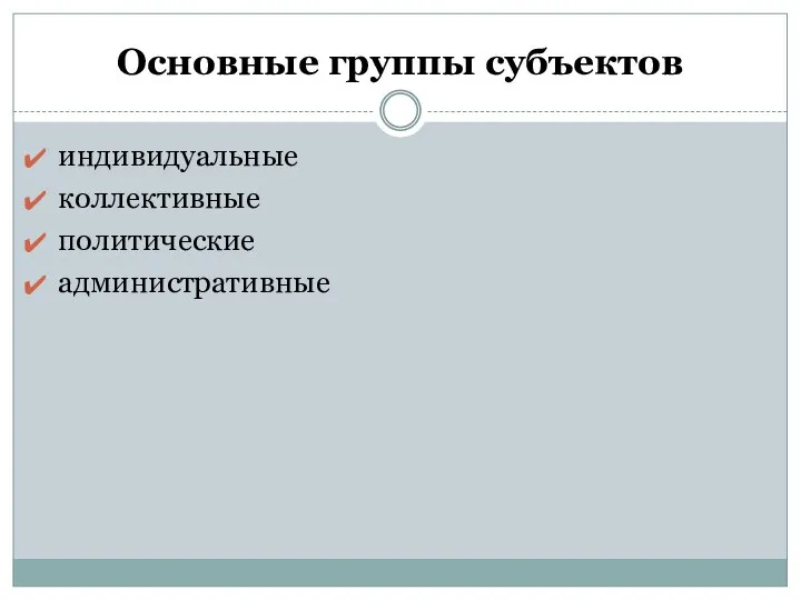 Основные группы субъектов индивидуальные коллективные политические административные