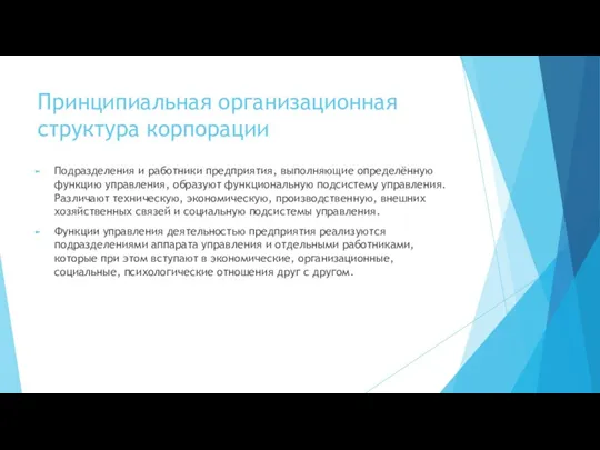 Принципиальная организационная структура корпорации Подразделения и работники предприятия, выполняющие определённую функцию