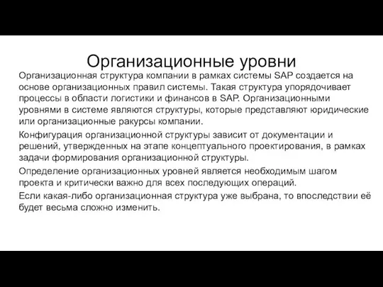 Организационные уровни Организационная структура компании в рамках системы SAP создается на