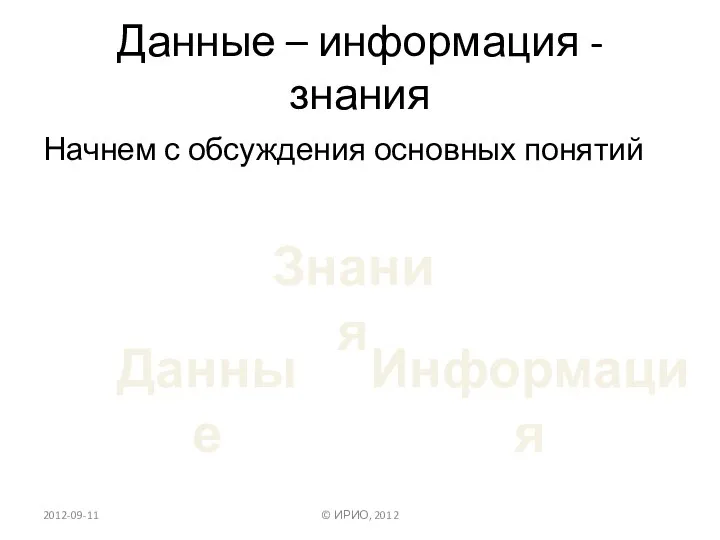 Данные – информация - знания Начнем с обсуждения основных понятий 2012-09-11