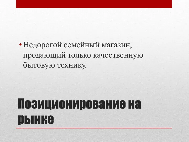 Позиционирование на рынке Недорогой семейный магазин, продающий только качественную бытовую технику.