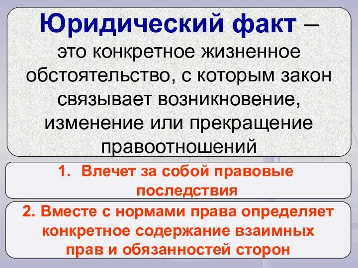 Юридический факт – это конкретное жизненное обстоятельство, с которым закон связывает